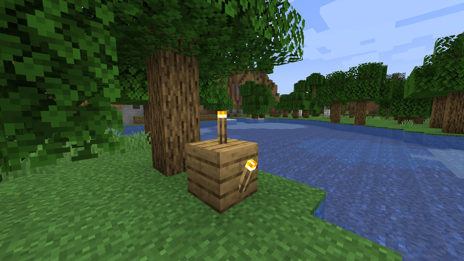 Minecraft crafting table near a lake