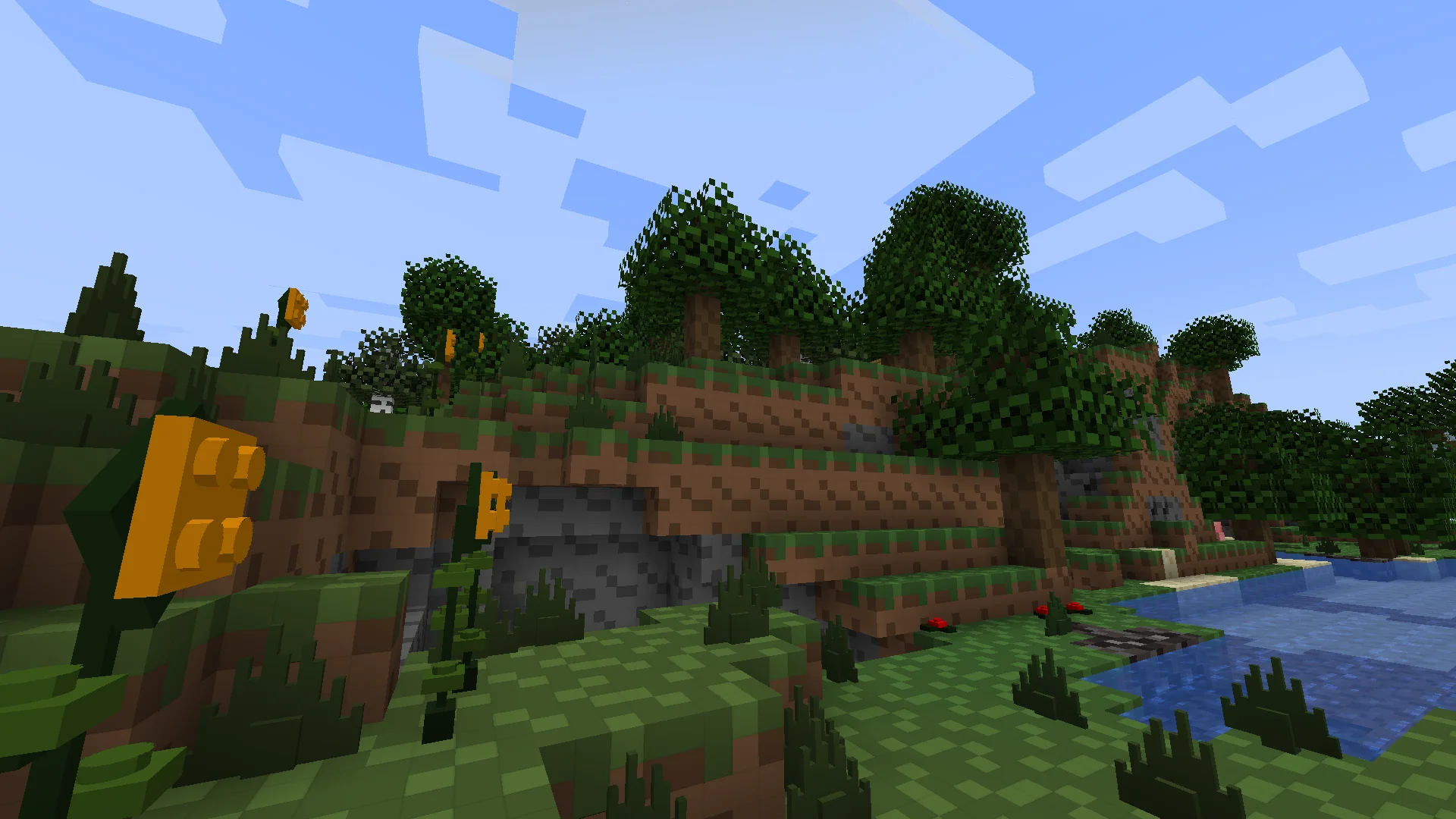 Minecraft hill with sunflowers with only the Brixel texture pack