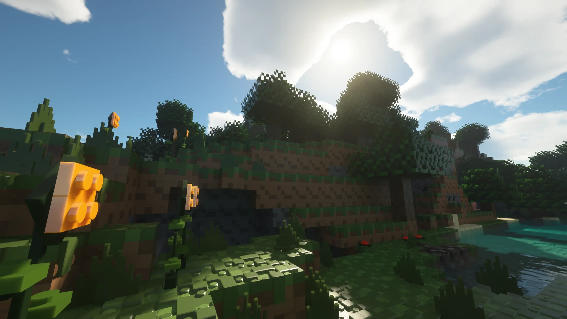 Minecraft hill with sunflowers with SEUS Shaders and Brixel