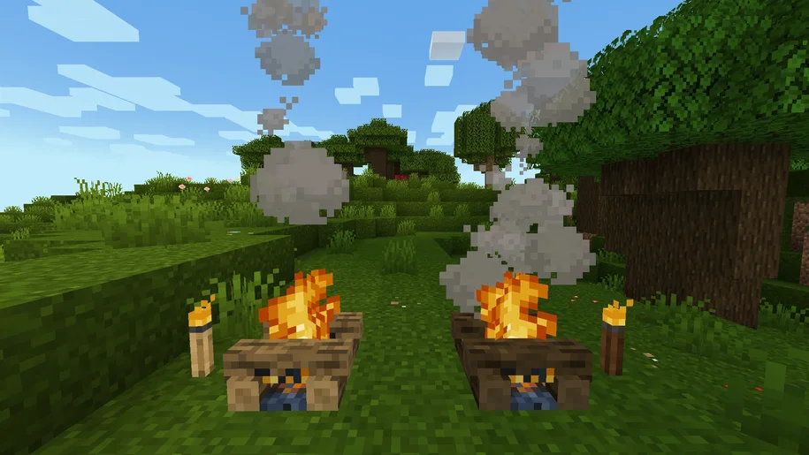 Minecraft Campfires and torches in two different biomes with different textures with JustTimm's Vanilla Additions