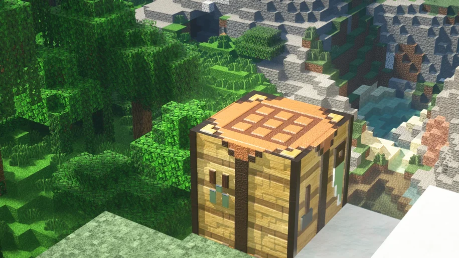 Minecraft Crafting Table on a mountain top with SEUS PTGI HRR and HardTop Vanilla Accurate