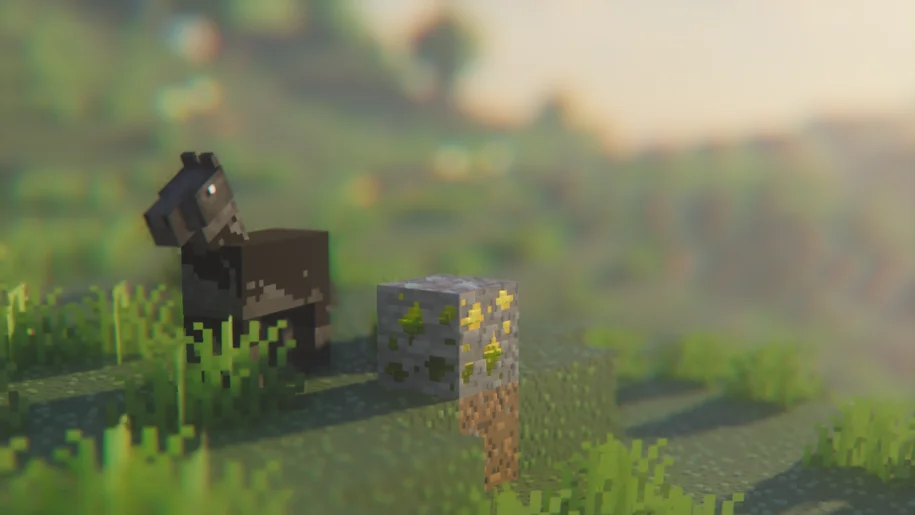 Horse and Gold ore block in Minecraft with Kappa Shaders and Simplista Texture Pack
