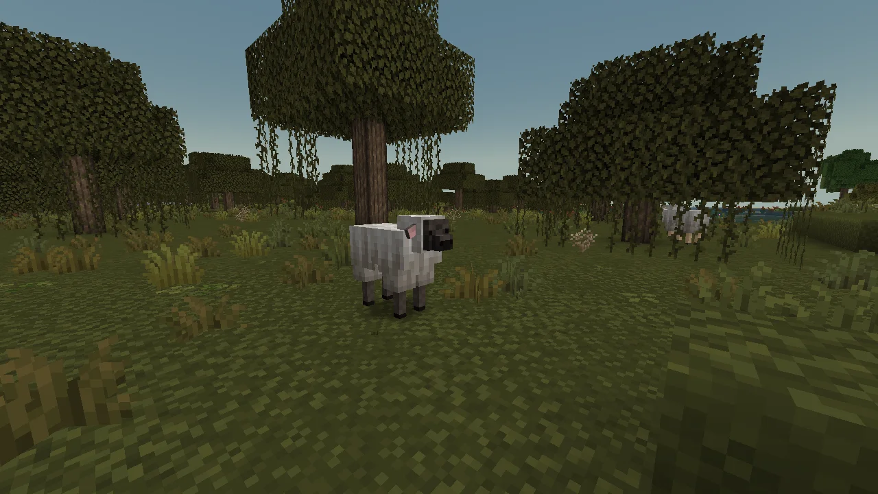 Sheep in a Minecraft swamp biome with Excalibur texture pack