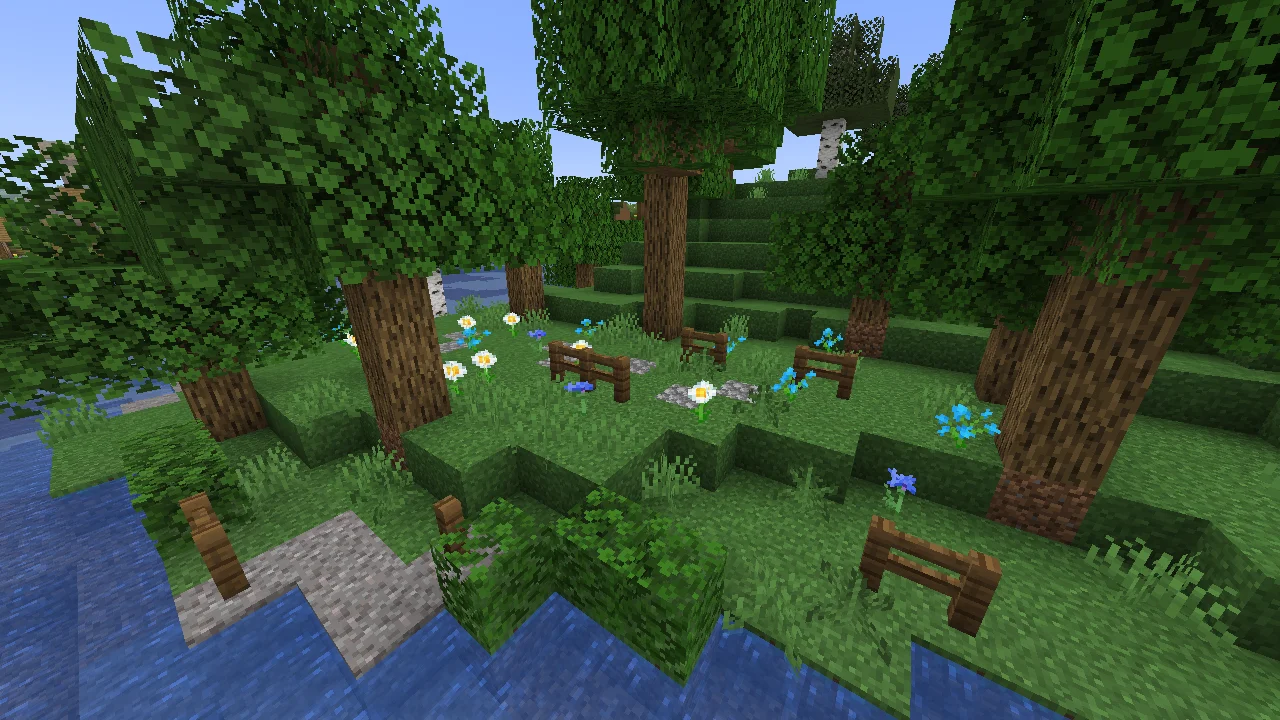 Minecraft forest near a river with flowers and fence posts