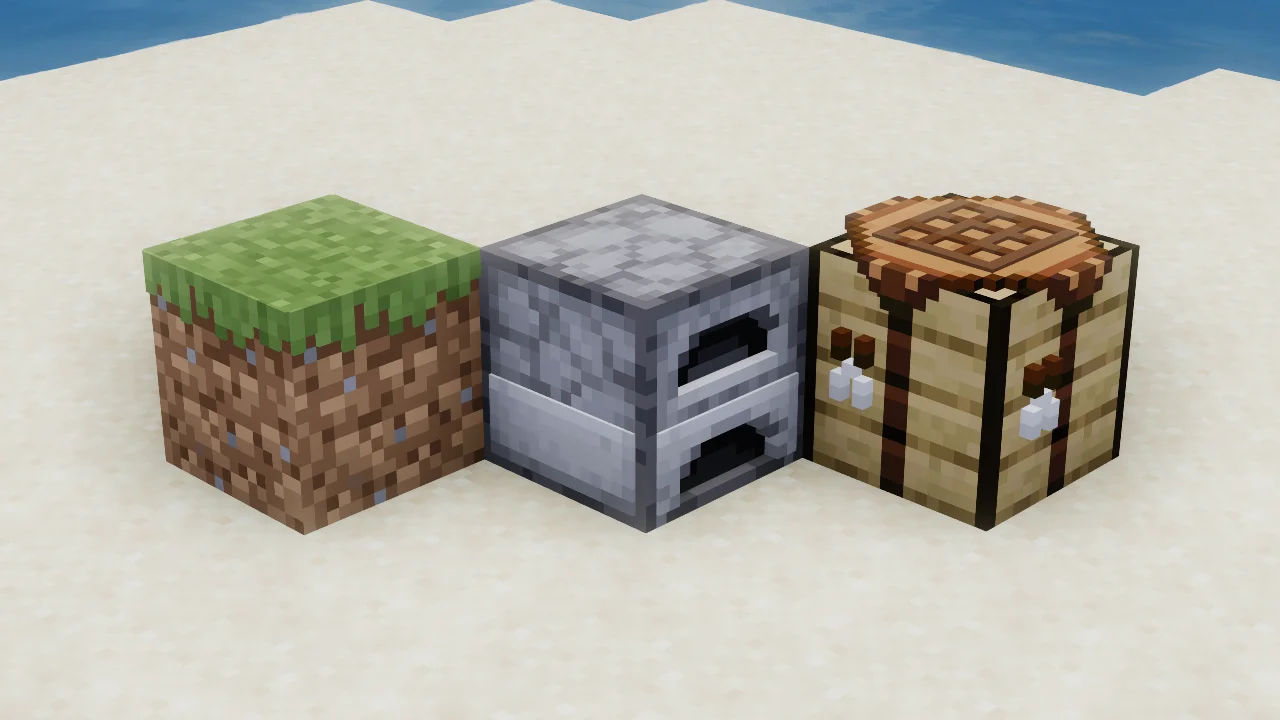 Minecraft grass block, furnace, and crafting table next to each other with the Classic 3D texture pack