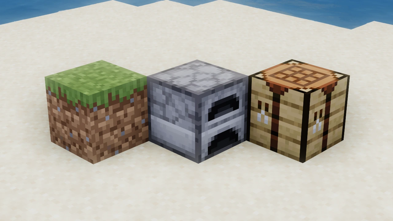 Minecraft grass block, furnace, and crafting table next to each other