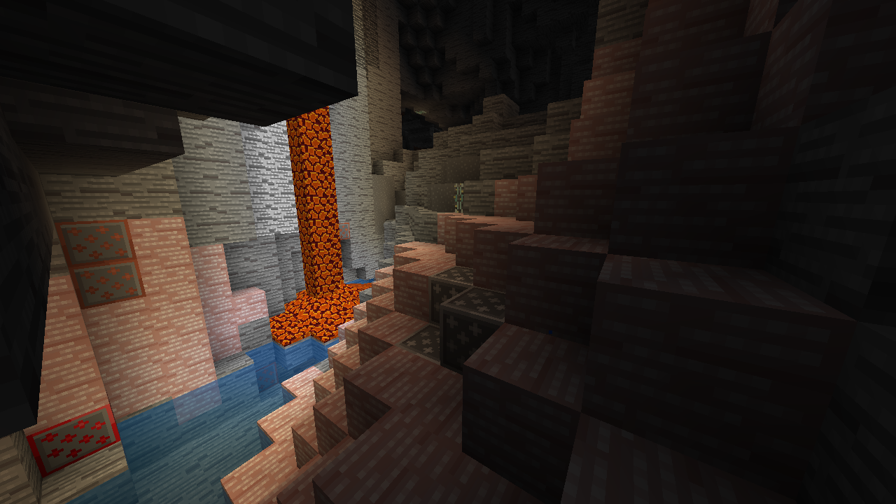 Cave in Minecraft with water and lava visible in the background with Aluzion PVP texture pack