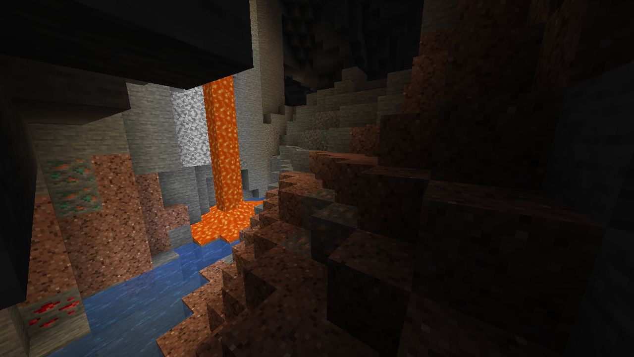 Cave in Minecraft with water and lava visible in the background