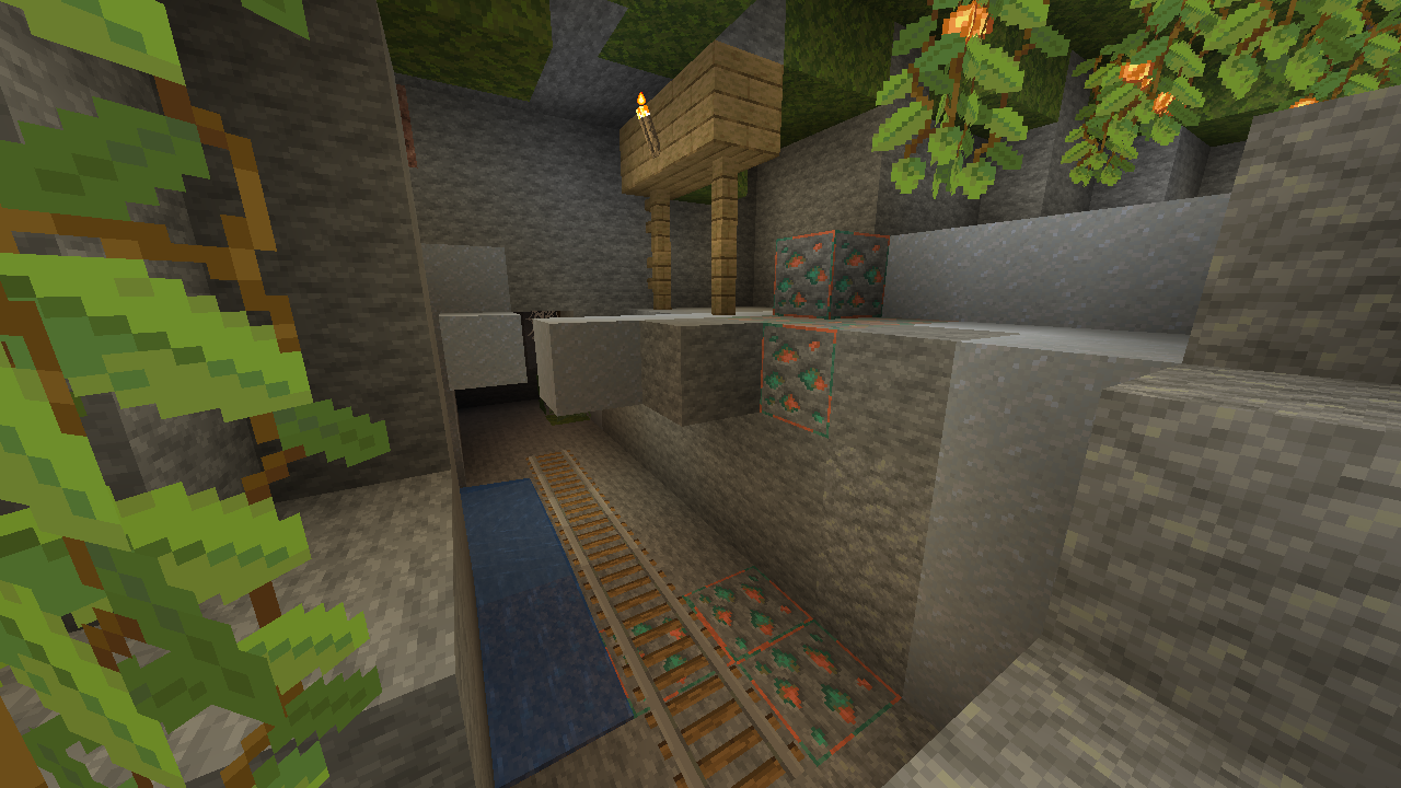 Mineshaft in a lush cave with copper ore blocks and Faithful textures with F+ PvP add-on