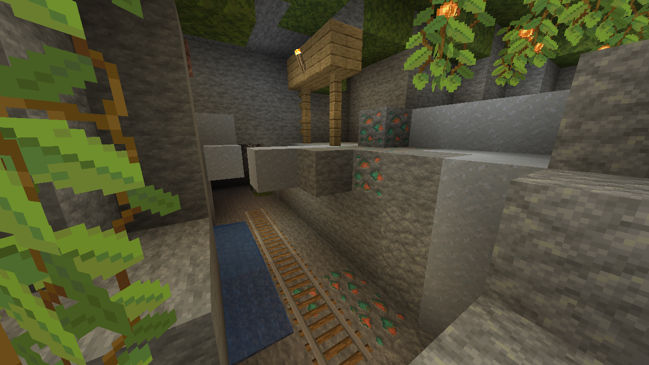 Mineshaft in a lush cave with copper ore blocks and Faithful textures