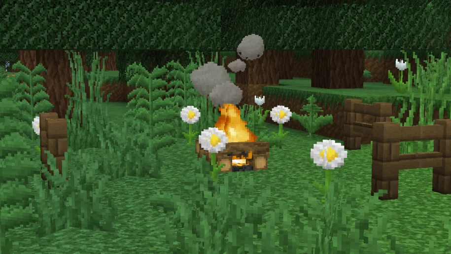 Minecraft campfire in spruce forest with The CreatorPack textures