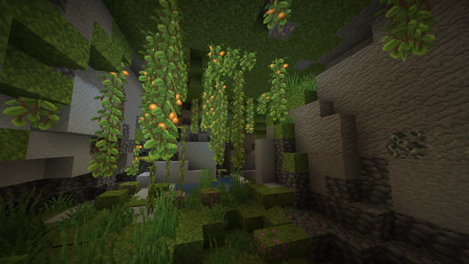 Lush cave in Minecraft with The CreatorPack texture pack