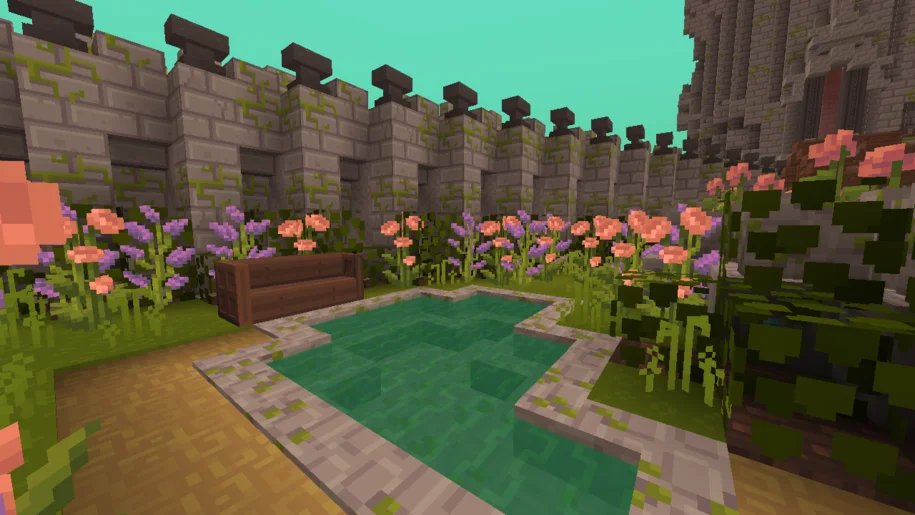 Minecraft pond surrounded by flowers with the Dandelion texture pack