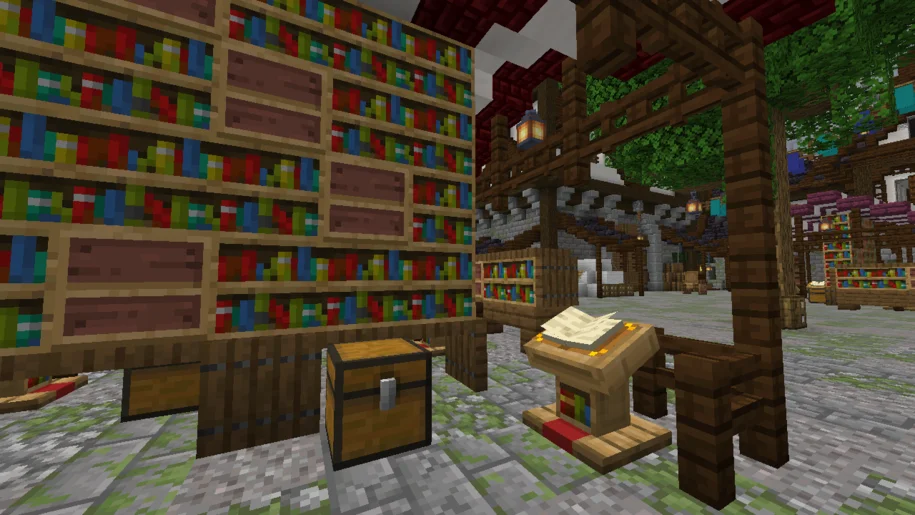 Minecraft library build with a lectern in the foreground
