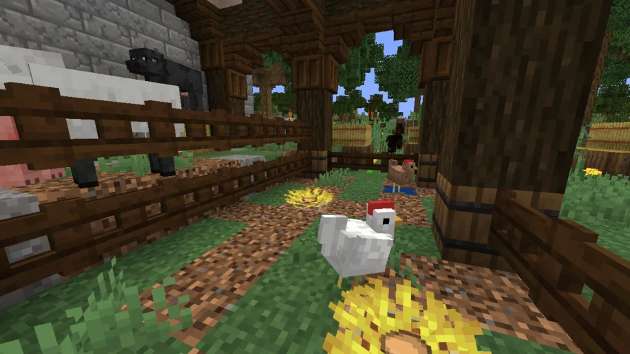 Chicken near a nest with an egg with Minecraft Reimagined Texture Pack