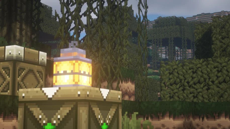 Minecraft crafting table with lantern with GeruDoku texture pack and BSL Shaders
