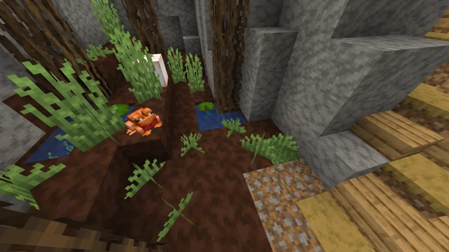Minecraft swamp area with a frog and froglight with Jicklus textures