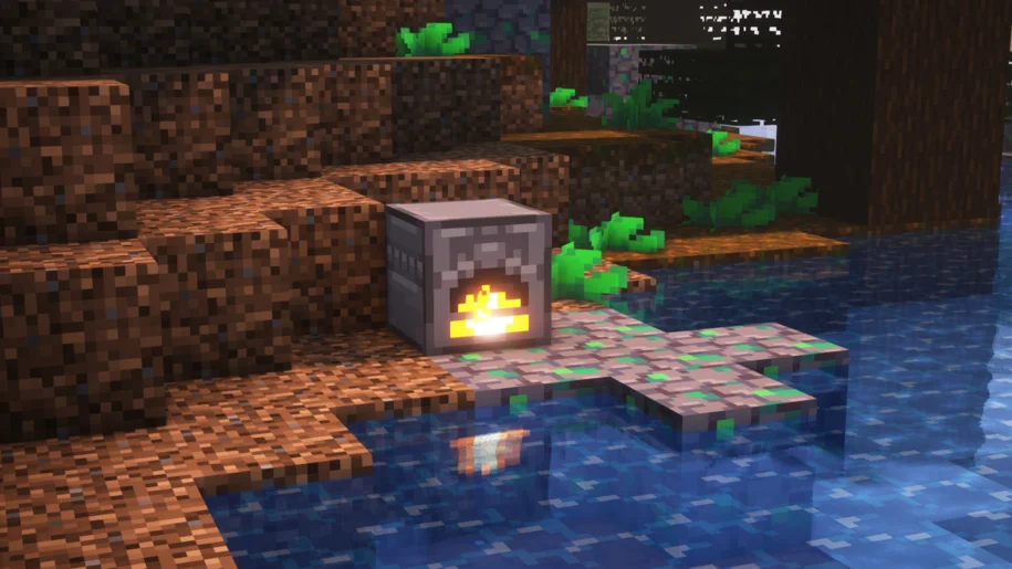 A furnace in a tall spruce forest in Minecraft with Bloom textures and Complementary Reimagined Shaders