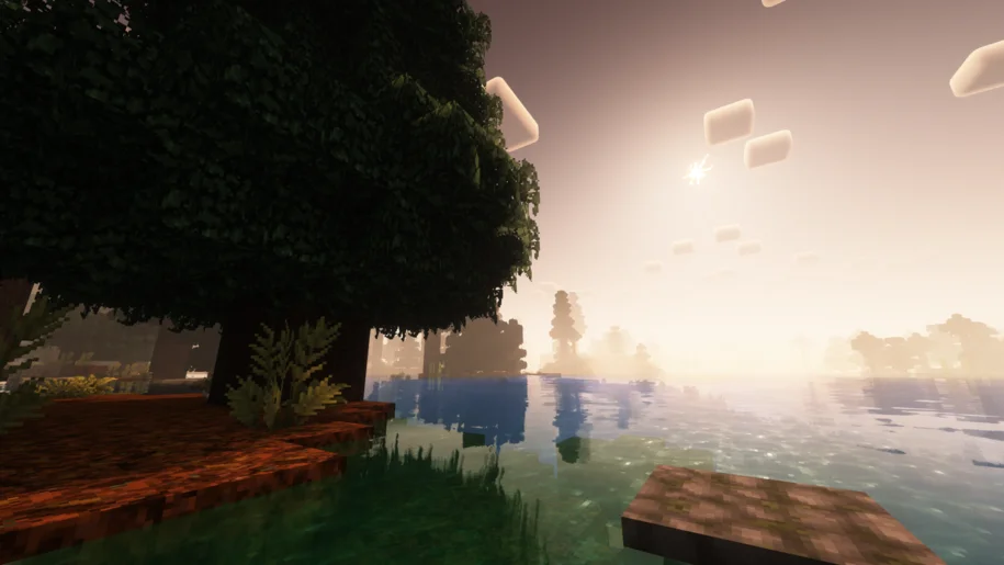 River near a spruce forest in Minecraft with Overgrowth 32x textures and Complementary Reimagined Shaders