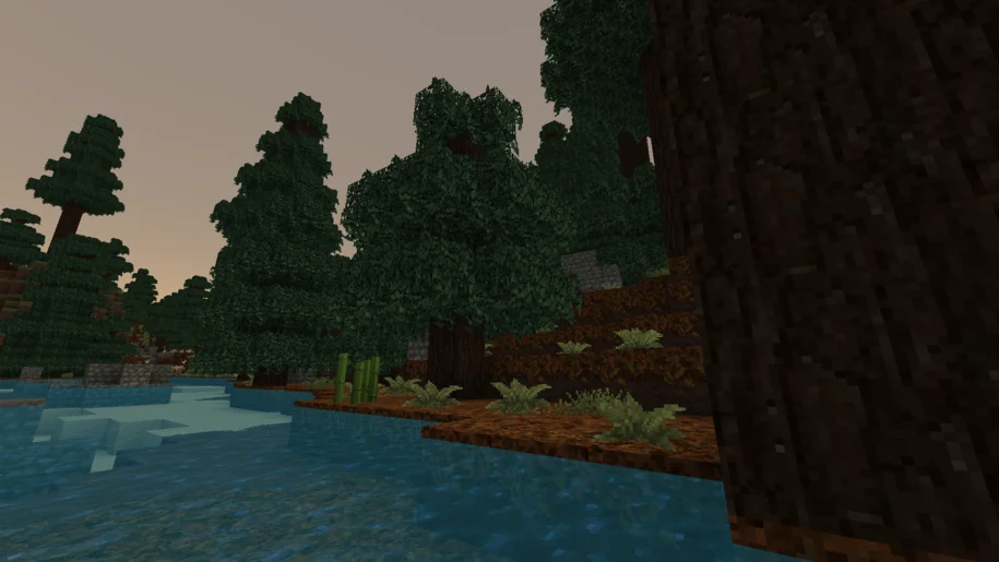 A tall spruce forest in Minecraft with Overgrowth 32x textures