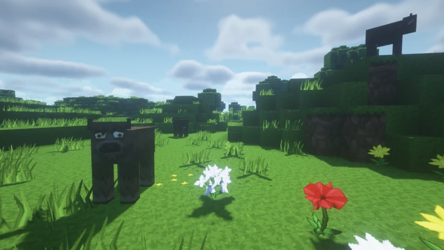 Minecraft plains biome with some flowers and a cow in the foreground, with Sphax PureBDCraft textures