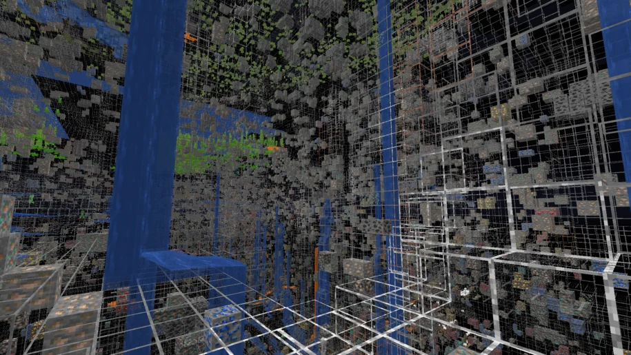 A ravine in Minecraft with X-Ray Ultimate textures