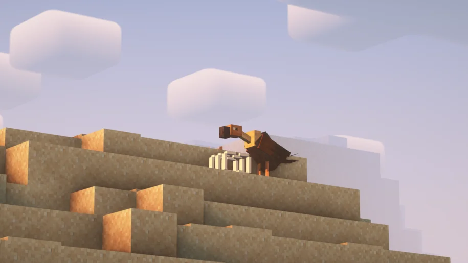 A vulture inspecting a rib cage in a Minecraft desert