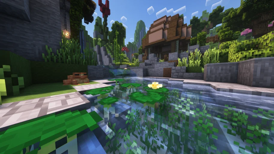 A small pond in Minecraft with SquarePattern textures and Complementary Reimagined shaders