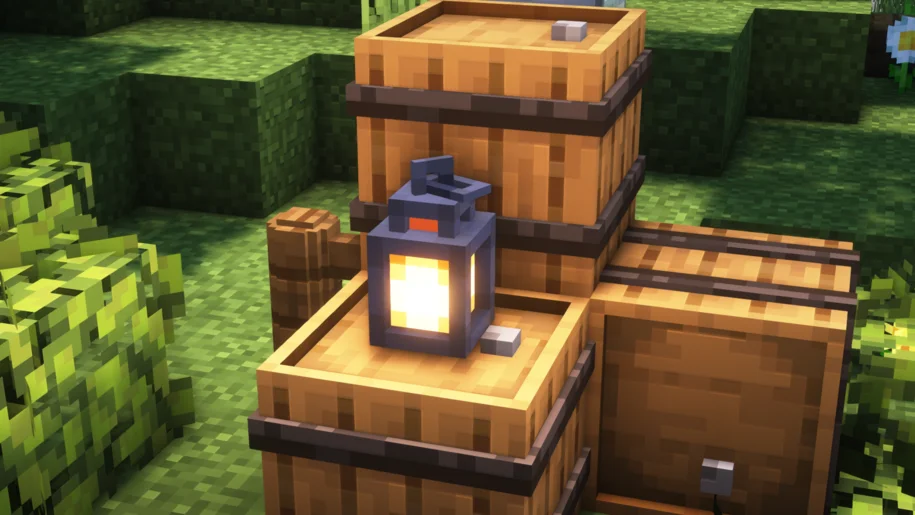 A lantern on a stack of barrels in Minecraft with the Nautilus3D texture pack