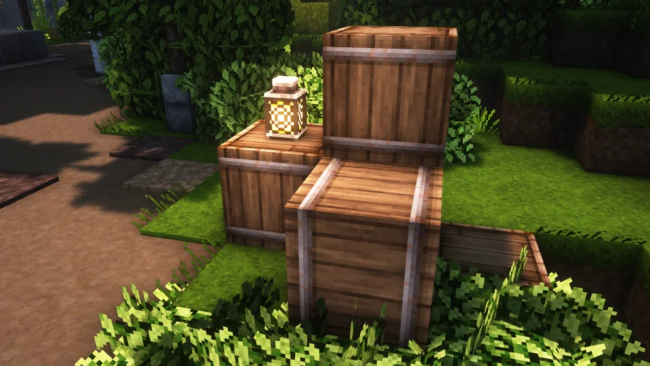 A stack of barrels with a lantern in Minecraft with the Epic Adventures texture pack