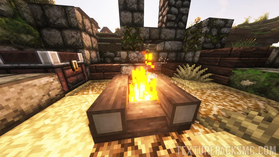 Campfire inside a tower ruin in Minecraft with John Smith Legacy textures