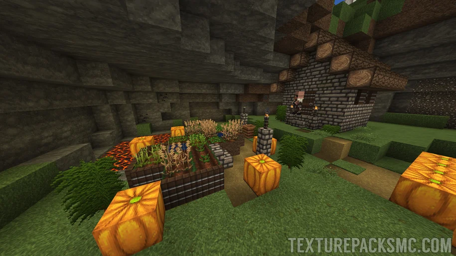 Farm in a Minecraft taiga village with the Ozocraft Remix resource pack