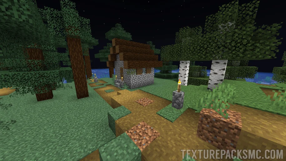 Minecraft taiga village at night with the FullBright texture pack