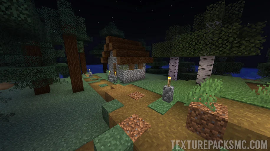 Minecraft taiga village at night without any texture packs
