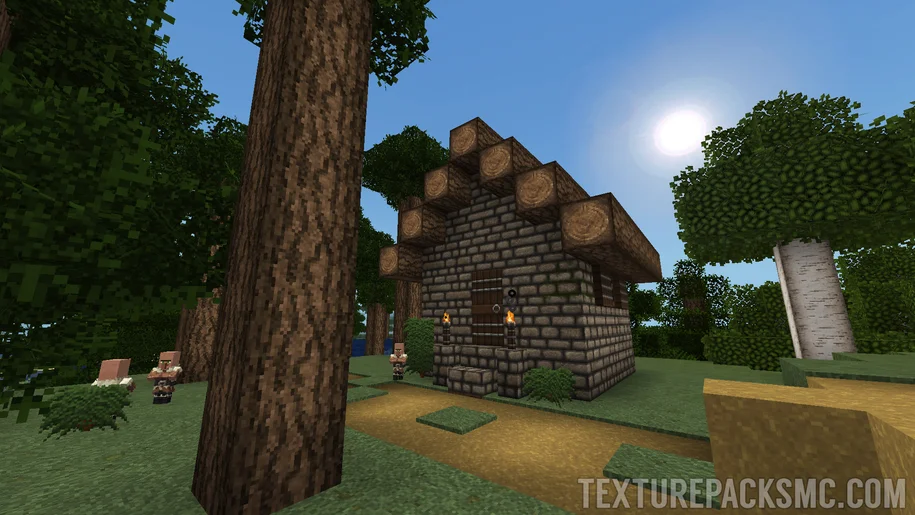 Taiga village in Minecraft with Ozocraft Remix texture pack