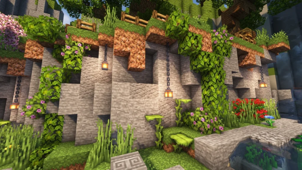 Overgrown cliff in Minecraft with BetterVanillaBuilding textures