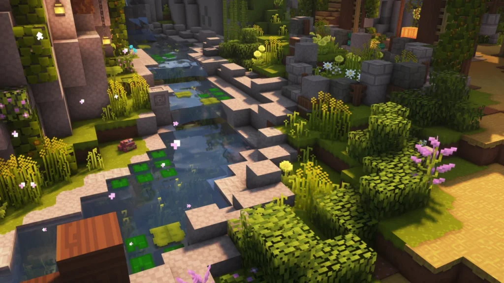 A river in Minecraft with Dandelion X texture pack